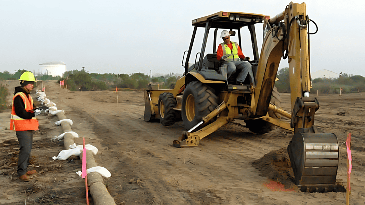 Construction workers using heavy machinery to excavate a site. One worker operates a backhoe while another guides the process, ensuring safety and precision.